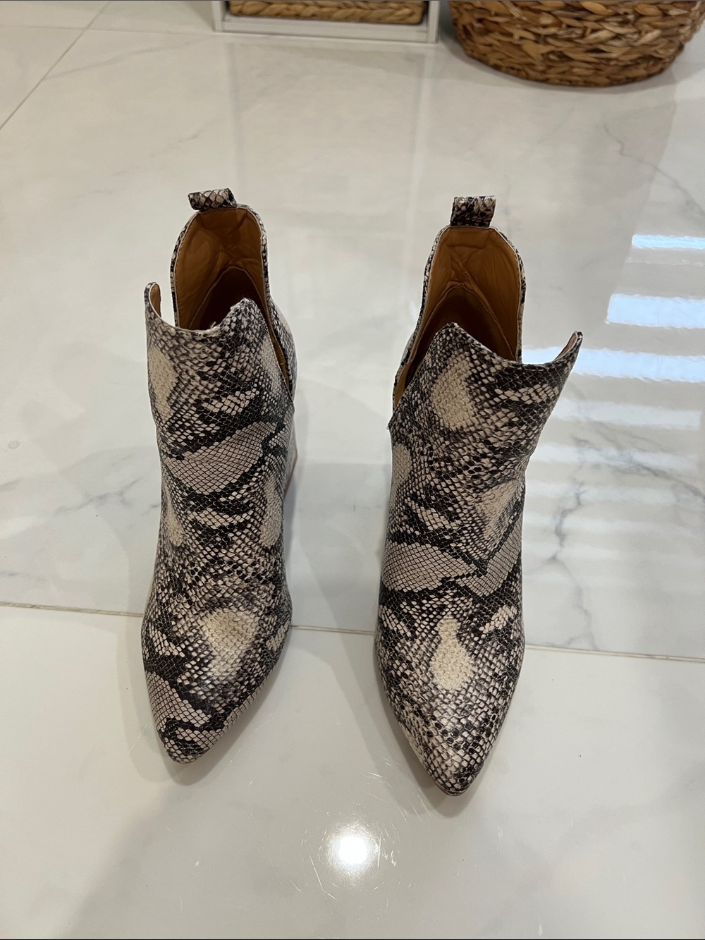 Cape Robbin Snake-Print Pointed Ankle Boots - Black & Cream